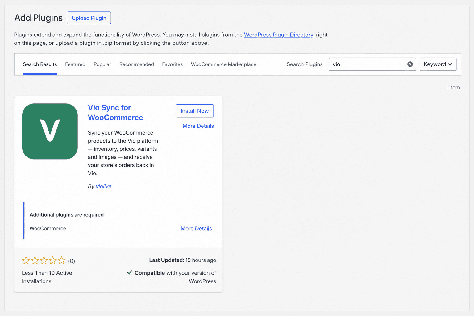 The WordPress Plugins → Add New screen with "Vio Sync for WooCommerce" in the search results and the Install Now button.