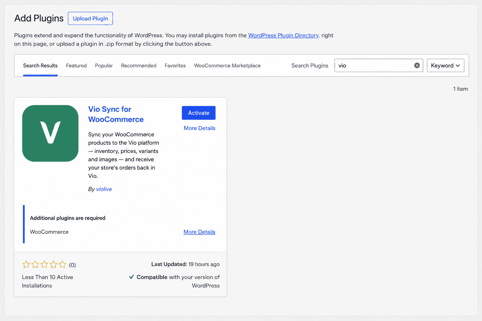 The Vio Sync for WooCommerce plugin installed, showing the Activate button.