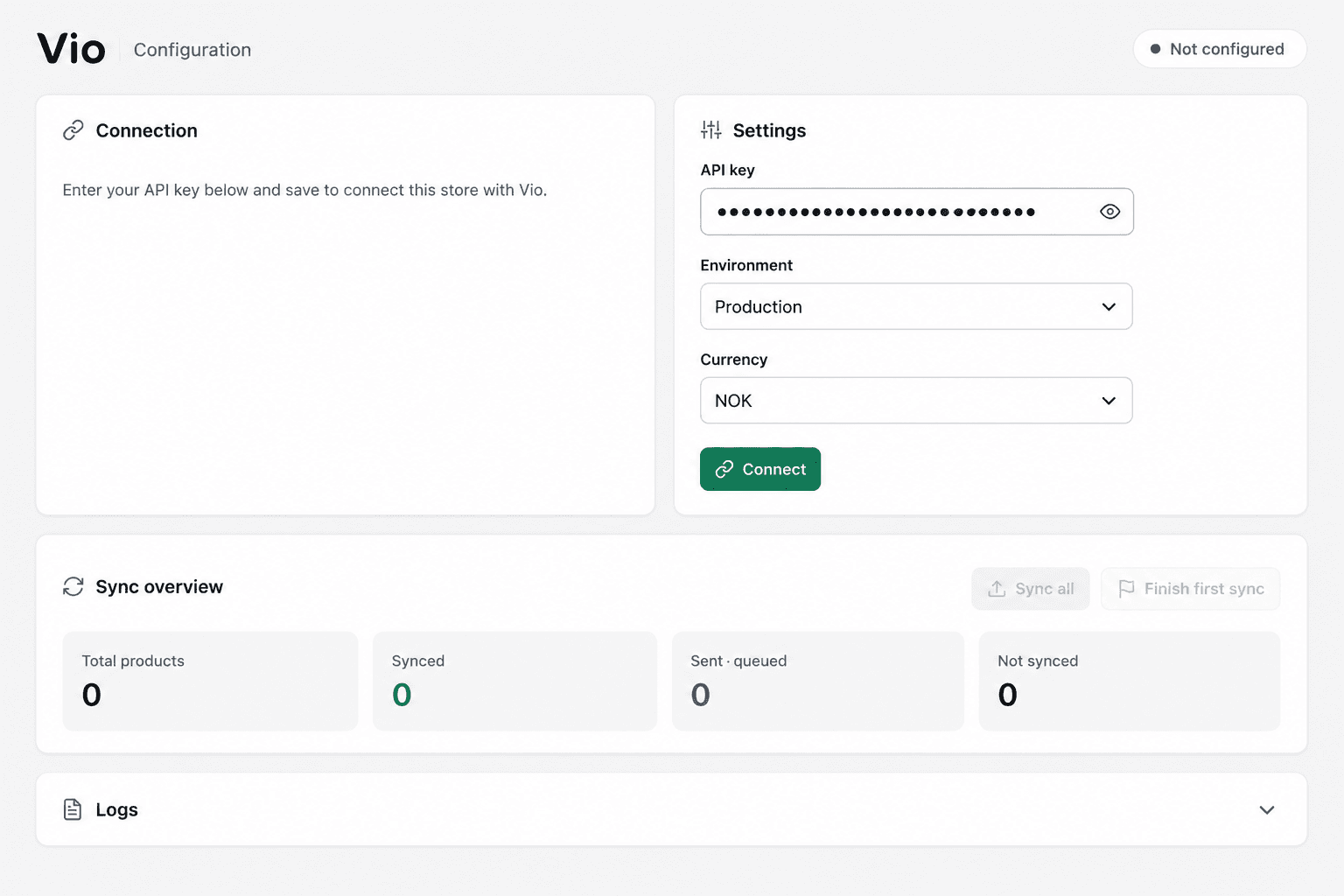 The Vio configuration screen with the API key field, the Environment and Currency selectors, and the Connect button.