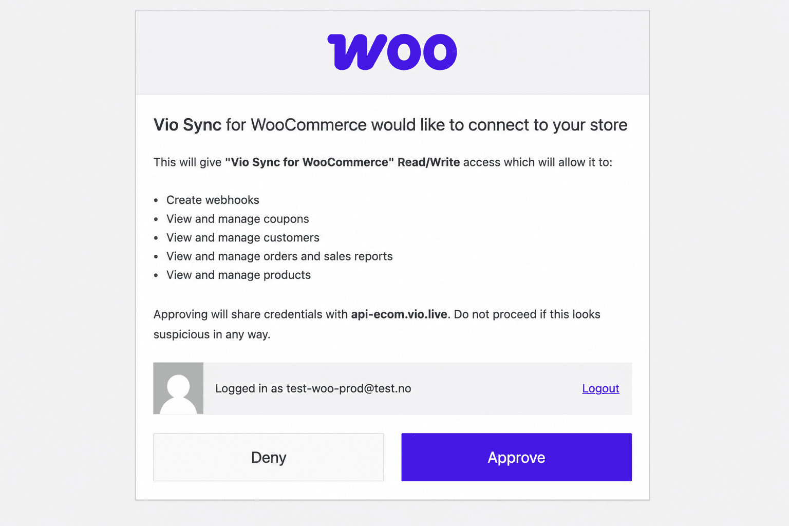 The WooCommerce authorization screen — "Vio Sync for WooCommerce would like to connect to your store" — with the Approve button.