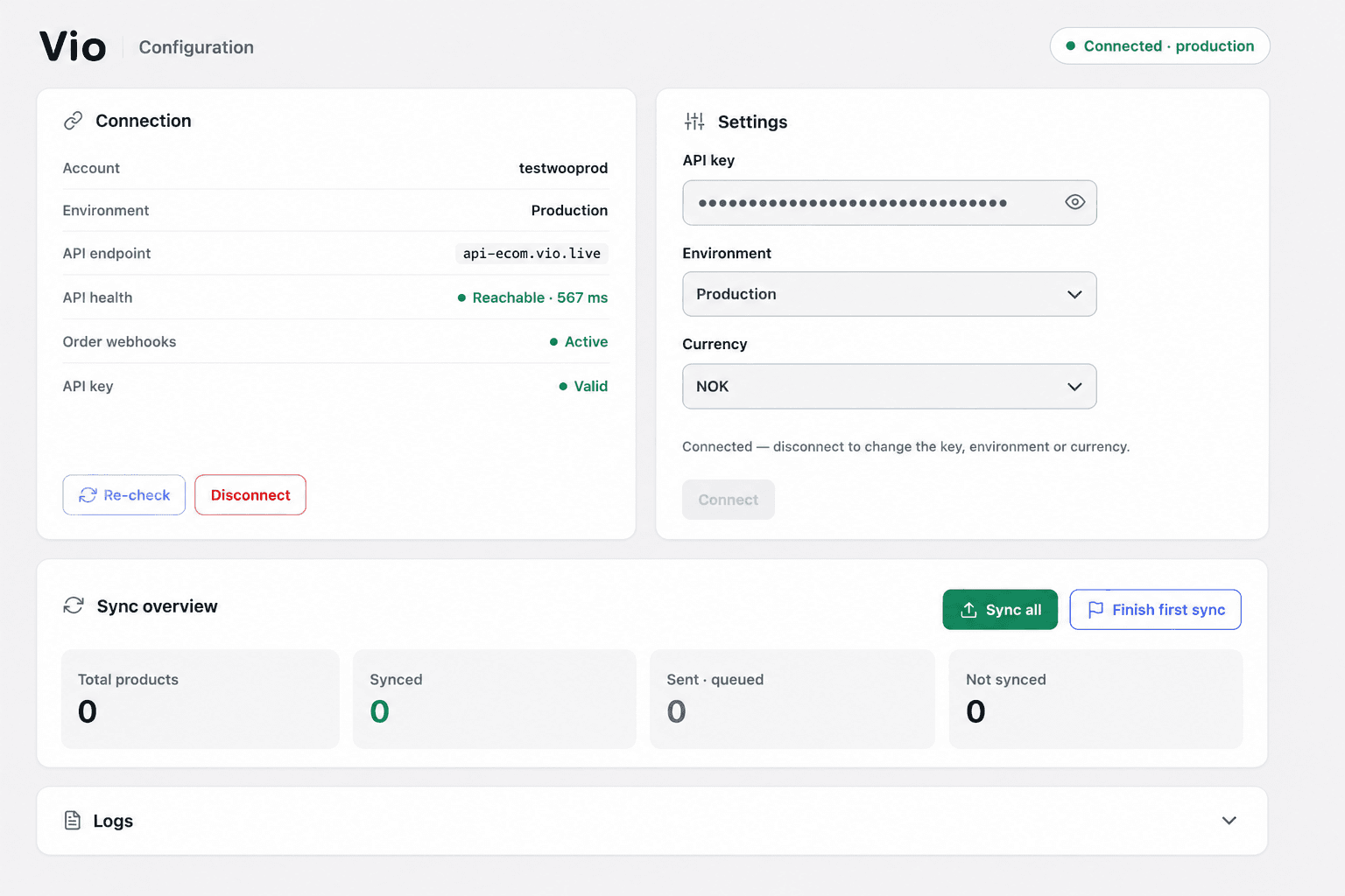 The Vio configuration screen in the Connected state — connection details (account, environment, API health "Reachable", order webhooks "Active", API key "Valid") and the sync overview.