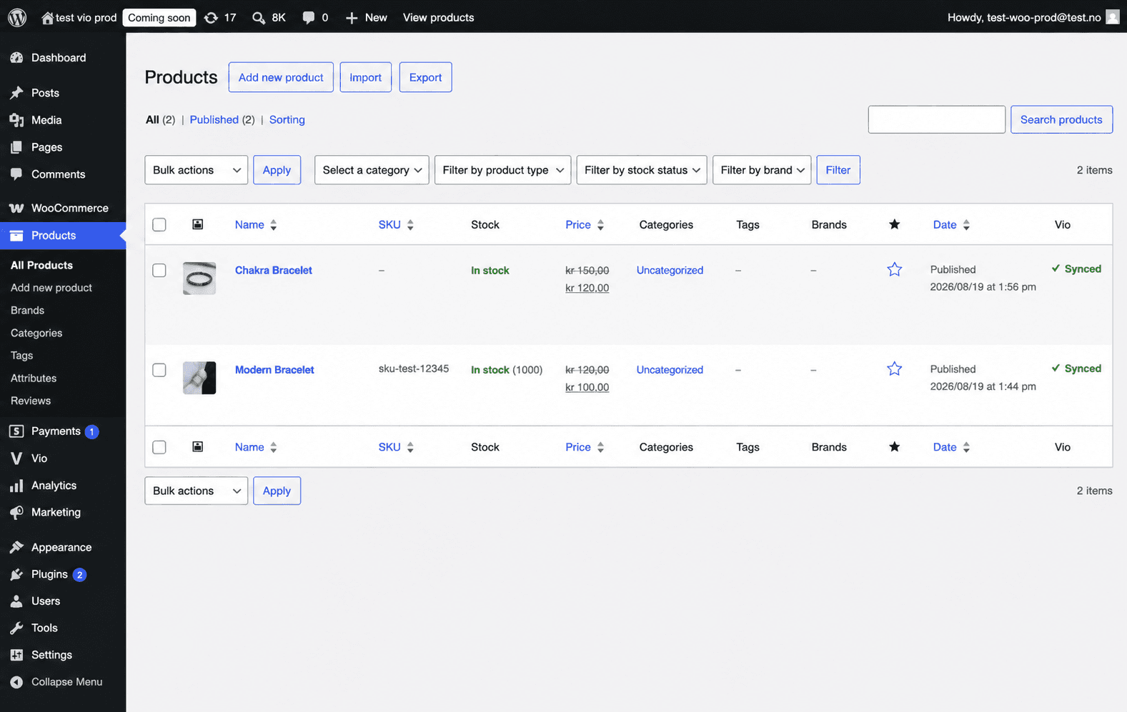 The WooCommerce product list with the Vio column showing a green ✓ Synced status on every row.